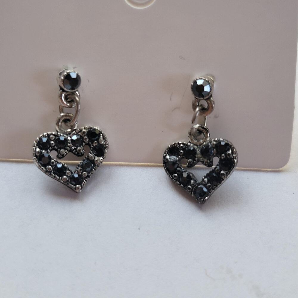 Black Rhinestone Heart Dangle Drop Earrings Silver Tone Love Romantic Vintage